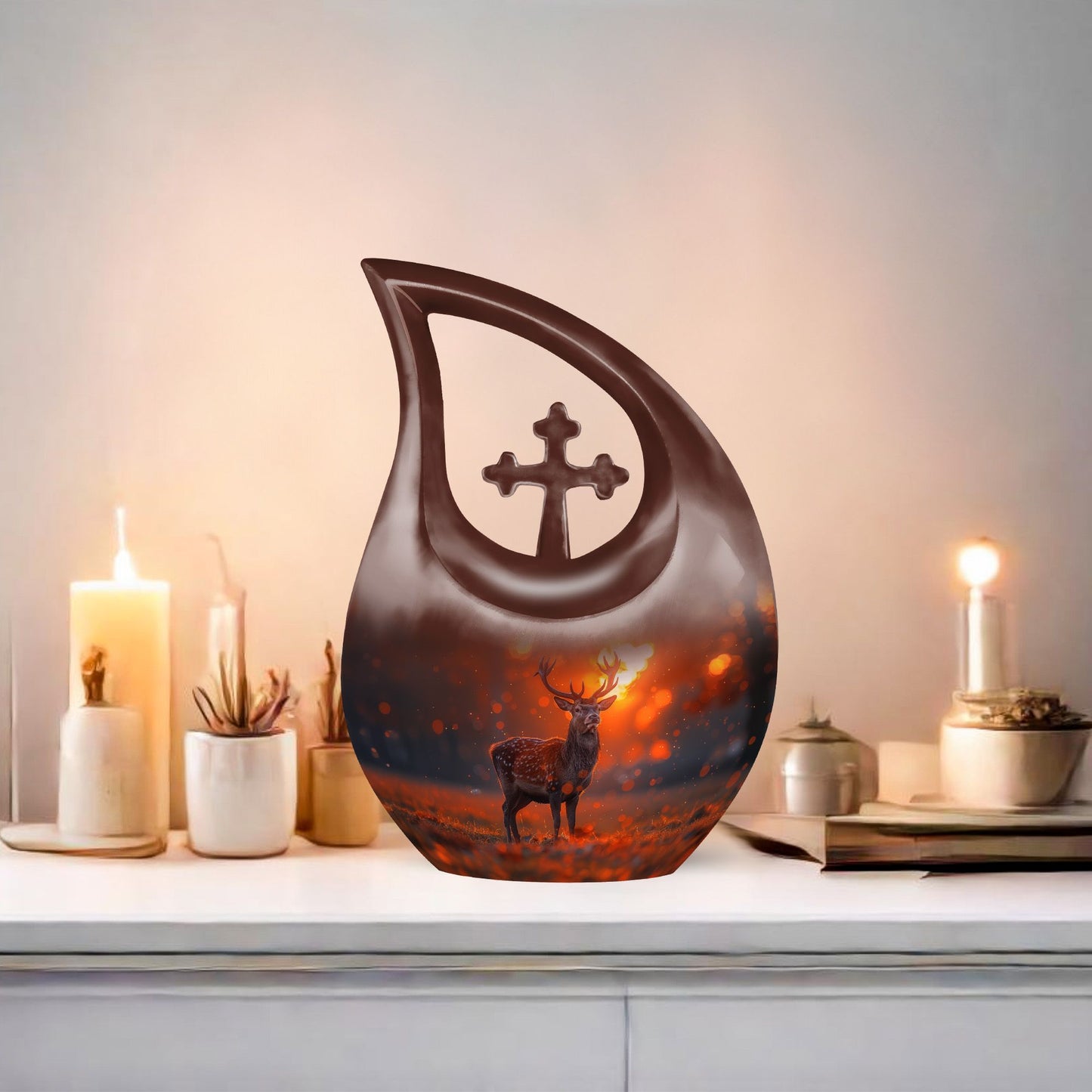 10 inch Deer themed Cross Drop memorial urn 