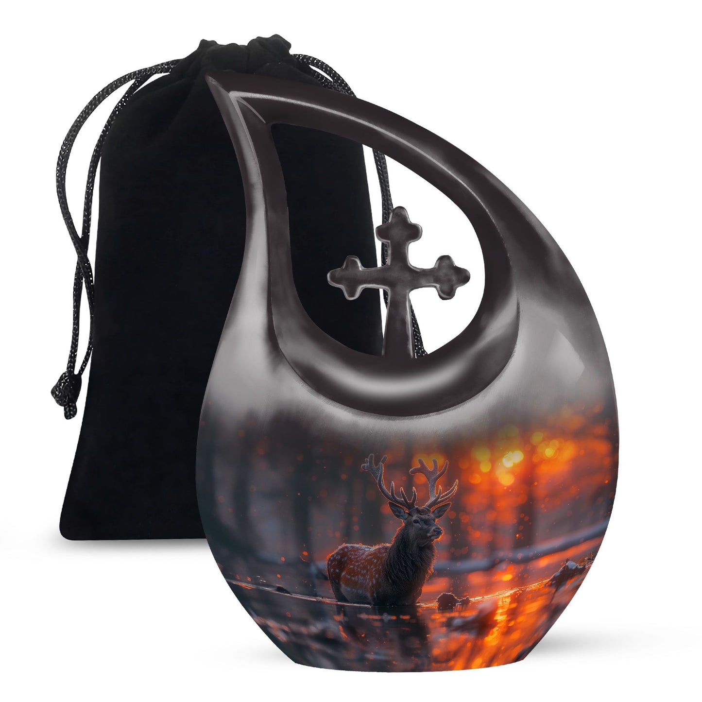 Large 10-inch Deer Urn with Cross Drop design, 