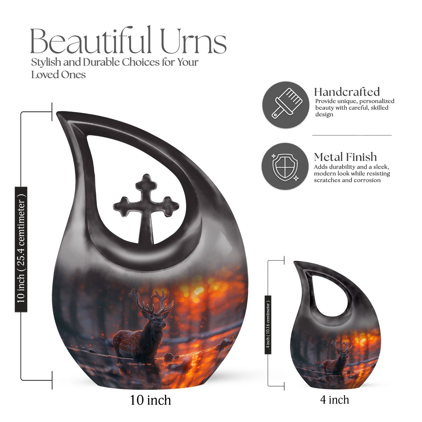 Large 10-inch Deer Urn with Cross Drop design, 