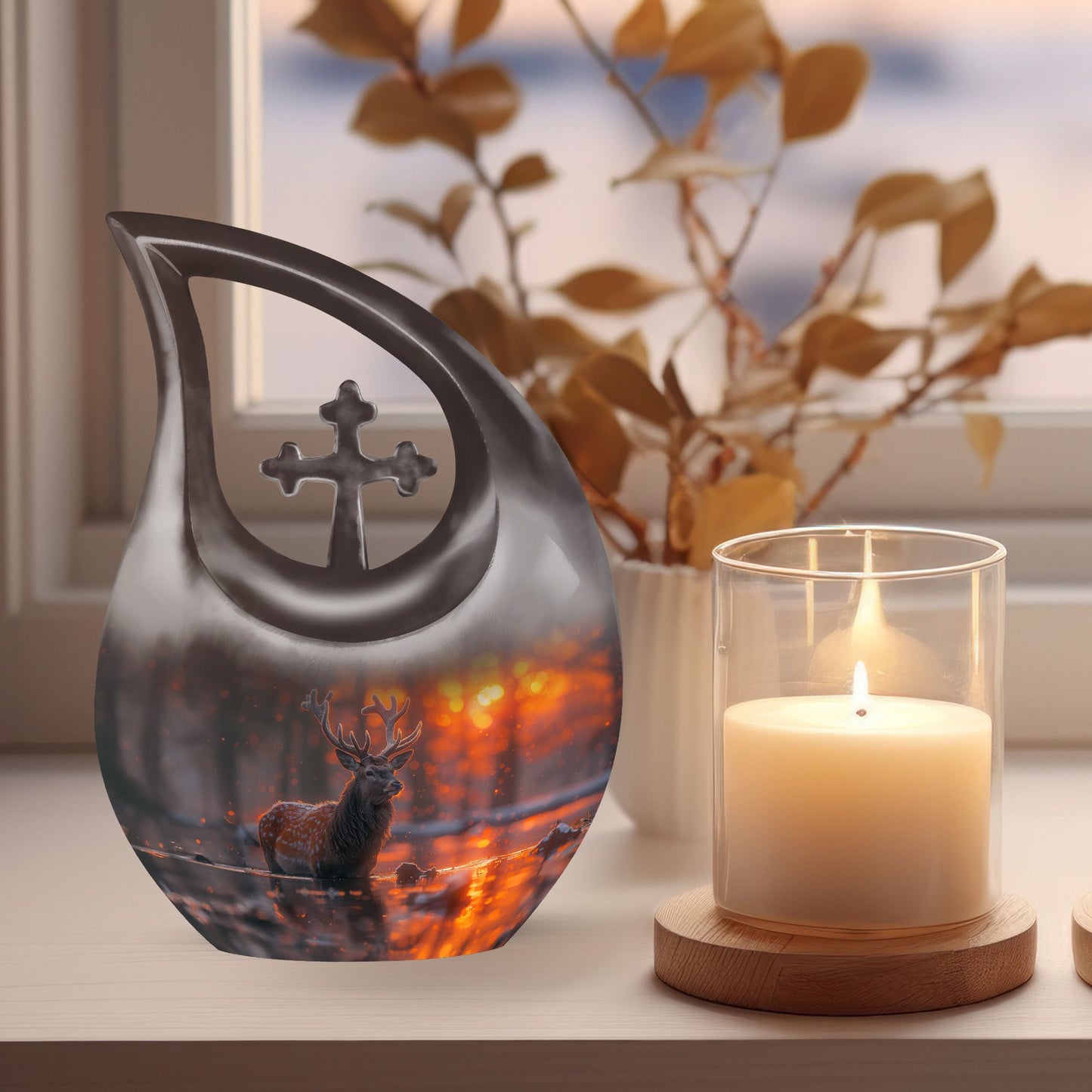 Large 10-inch Deer Urn with Cross Drop design, 