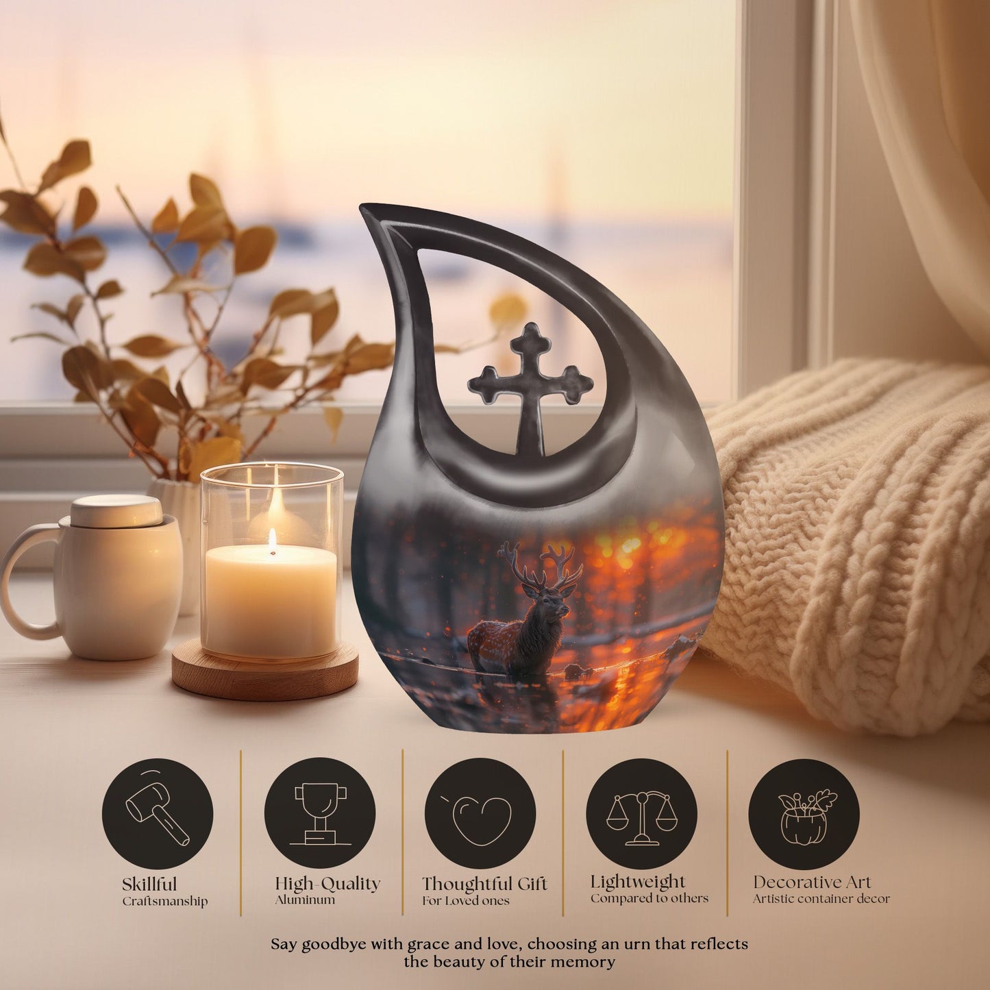 Large 10-inch Deer Urn with Cross Drop design, 