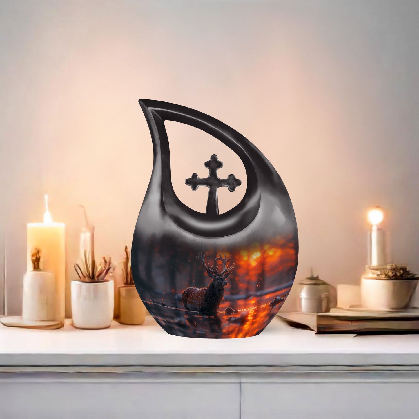 Large 10-inch Deer Urn with Cross Drop design, 