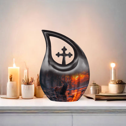 Large 10-inch Deer Urn with Cross Drop design, 
