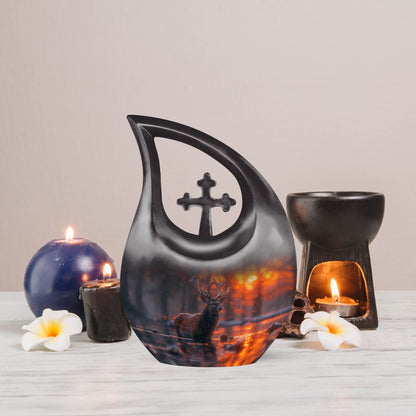 Large 10-inch Deer Urn with Cross Drop design, 