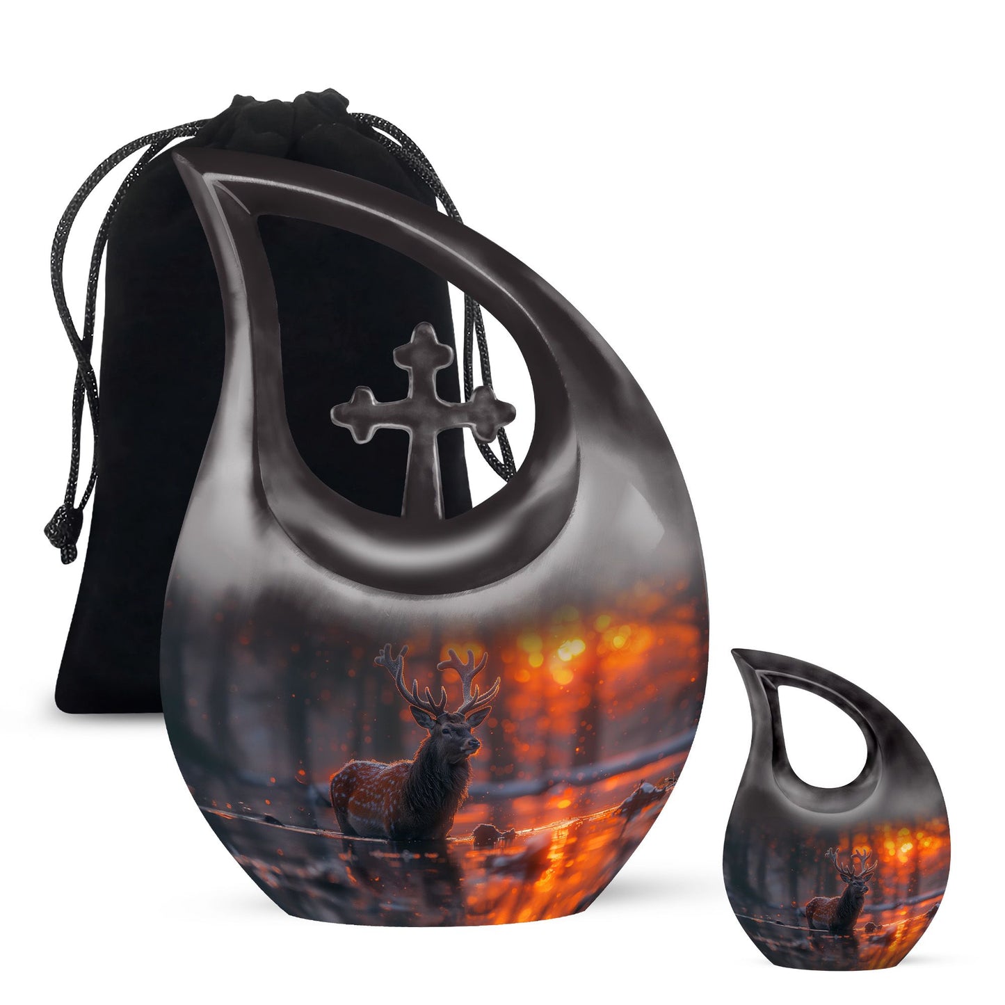 Large 10-inch Deer Urn with Cross Drop design, 
