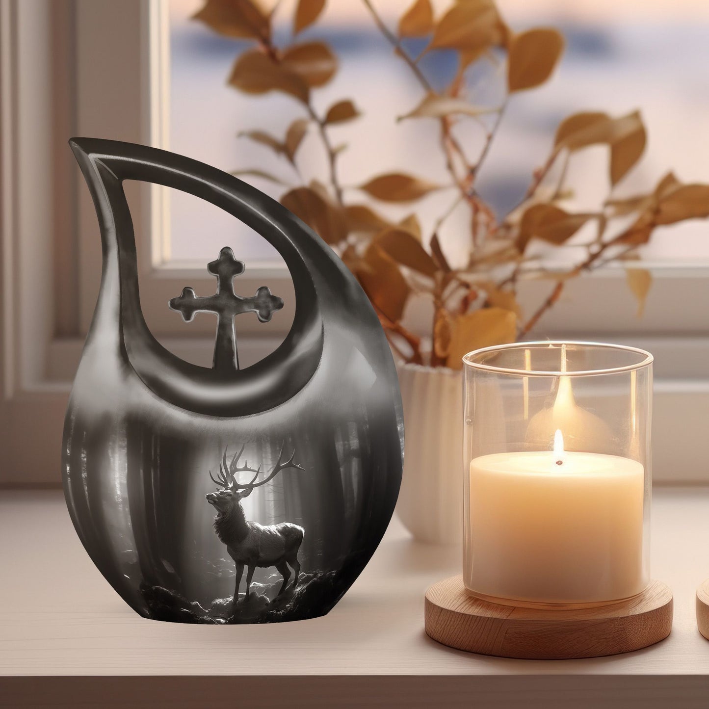 10 Inch Deer Urn with Cross Drop design,