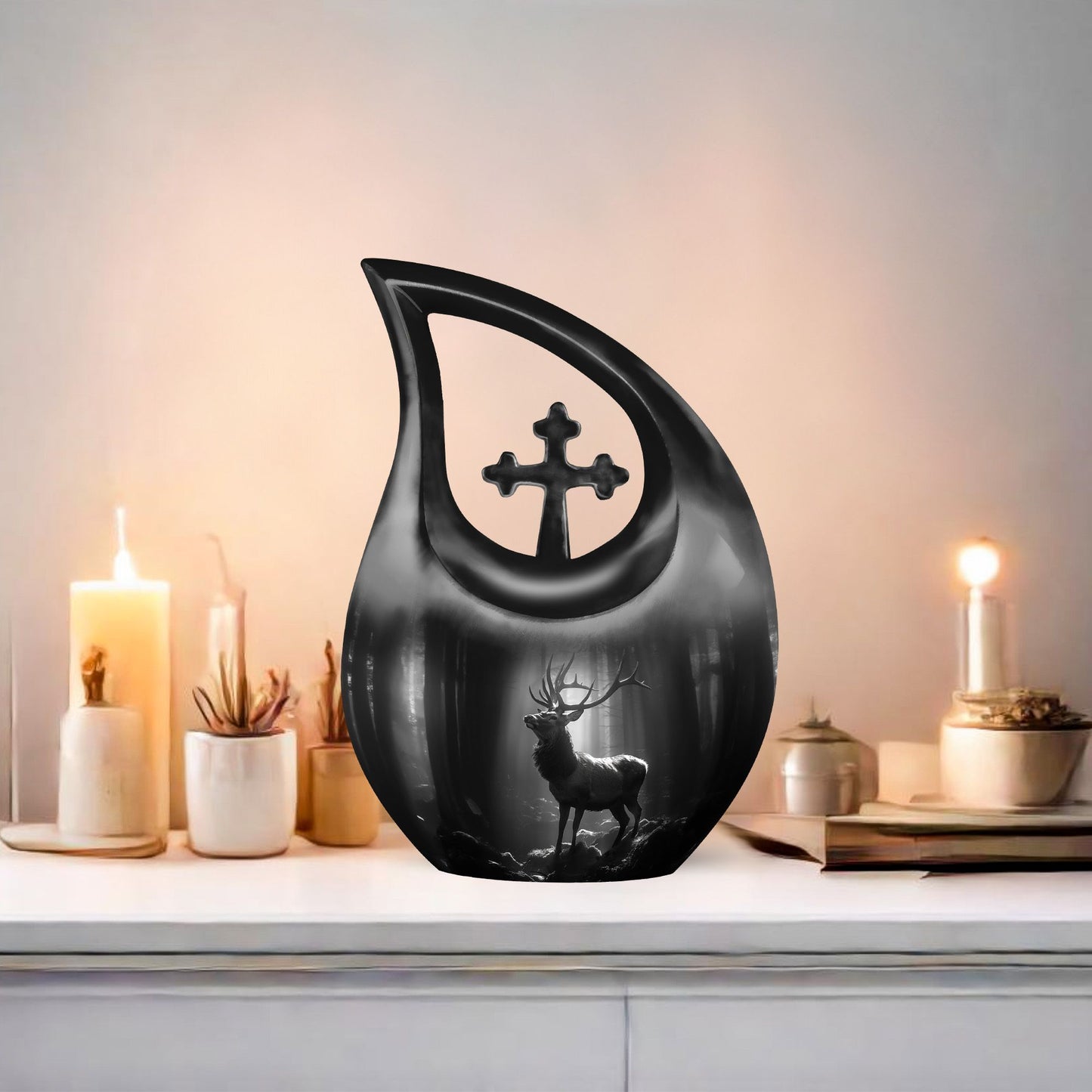 10 Inch Deer Urn with Cross Drop design,
