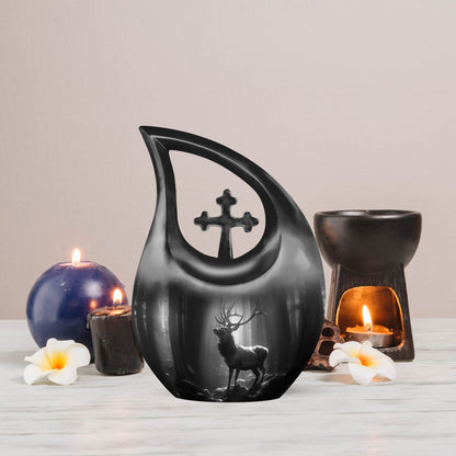 10 Inch Deer Urn with Cross Drop design,