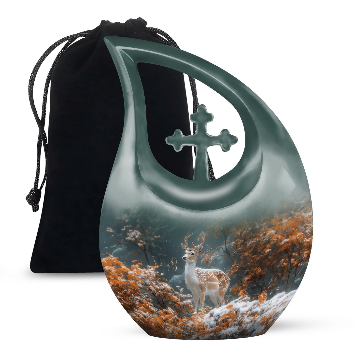 10-inch Deer Urn with cross drop design, 