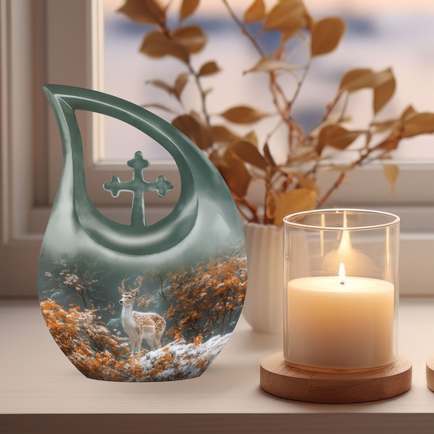 10-inch Deer Urn with cross drop design, 