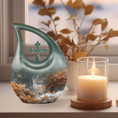 10-inch Deer Urn with cross drop design, 