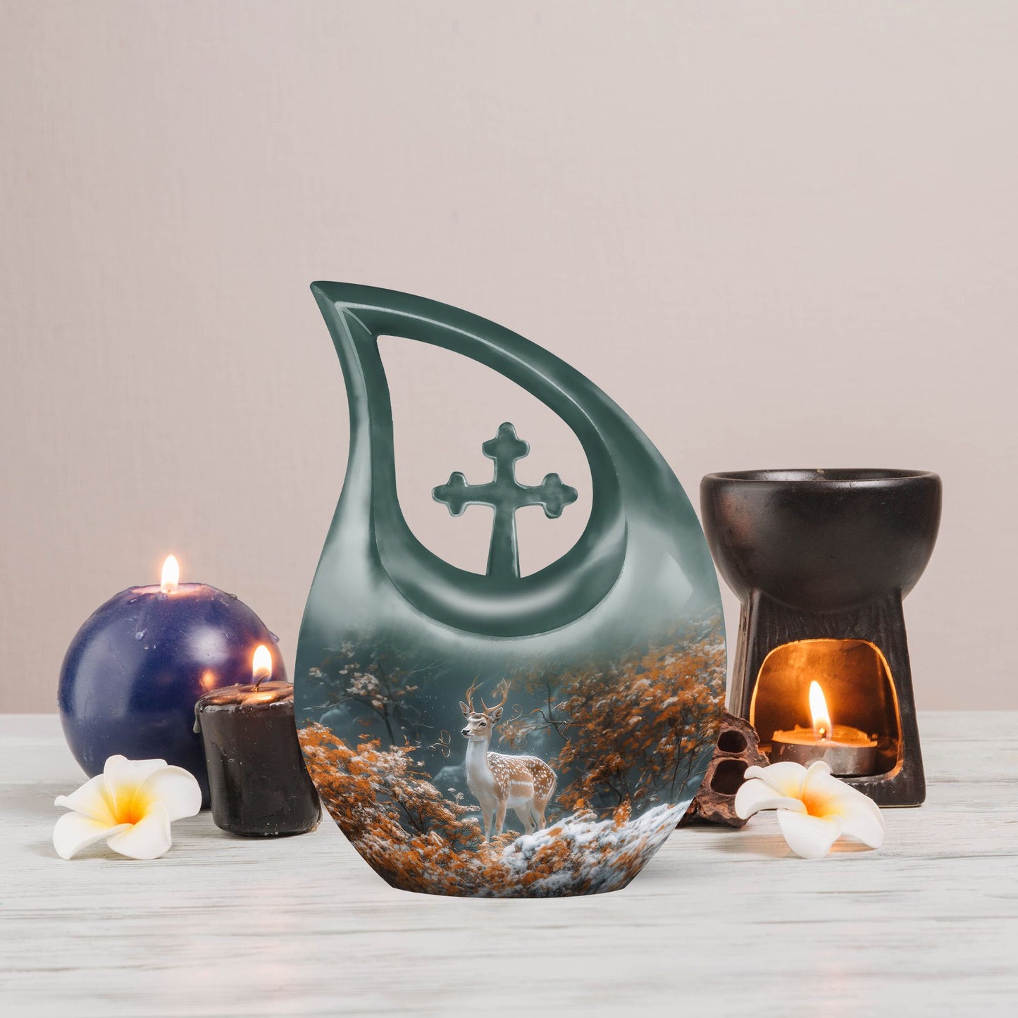 10-inch Deer Urn with cross drop design, 