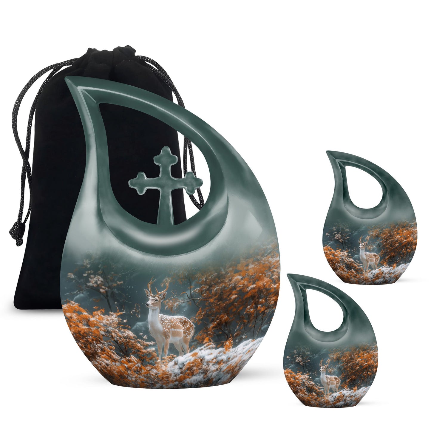10-inch Deer Urn with cross drop design, 