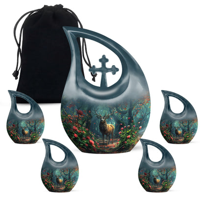 10-inch Deer-themed Funeral Urn with Cross Drop design,