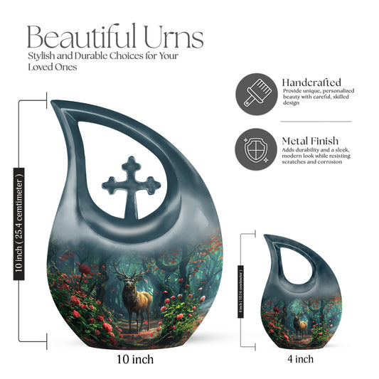 10-inch Deer-themed Funeral Urn with Cross Drop design,