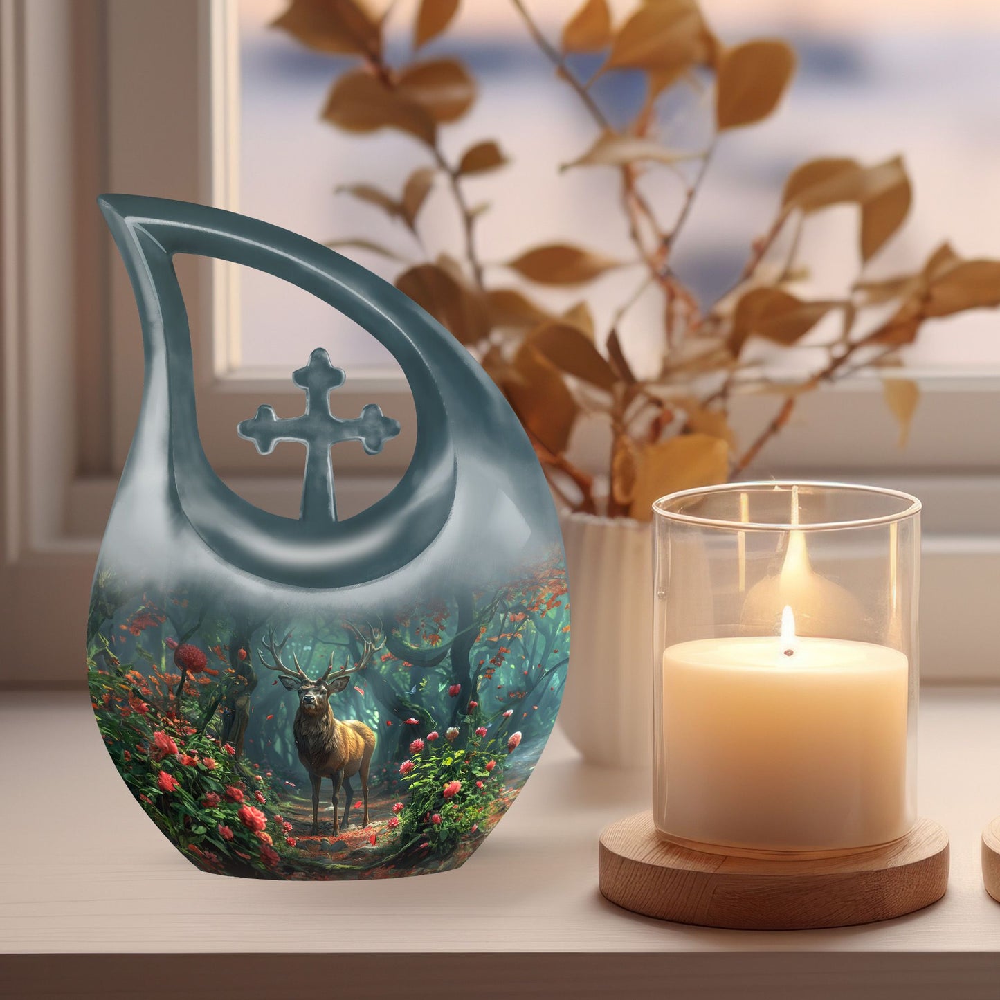 10-inch Deer-themed Funeral Urn with Cross Drop design,