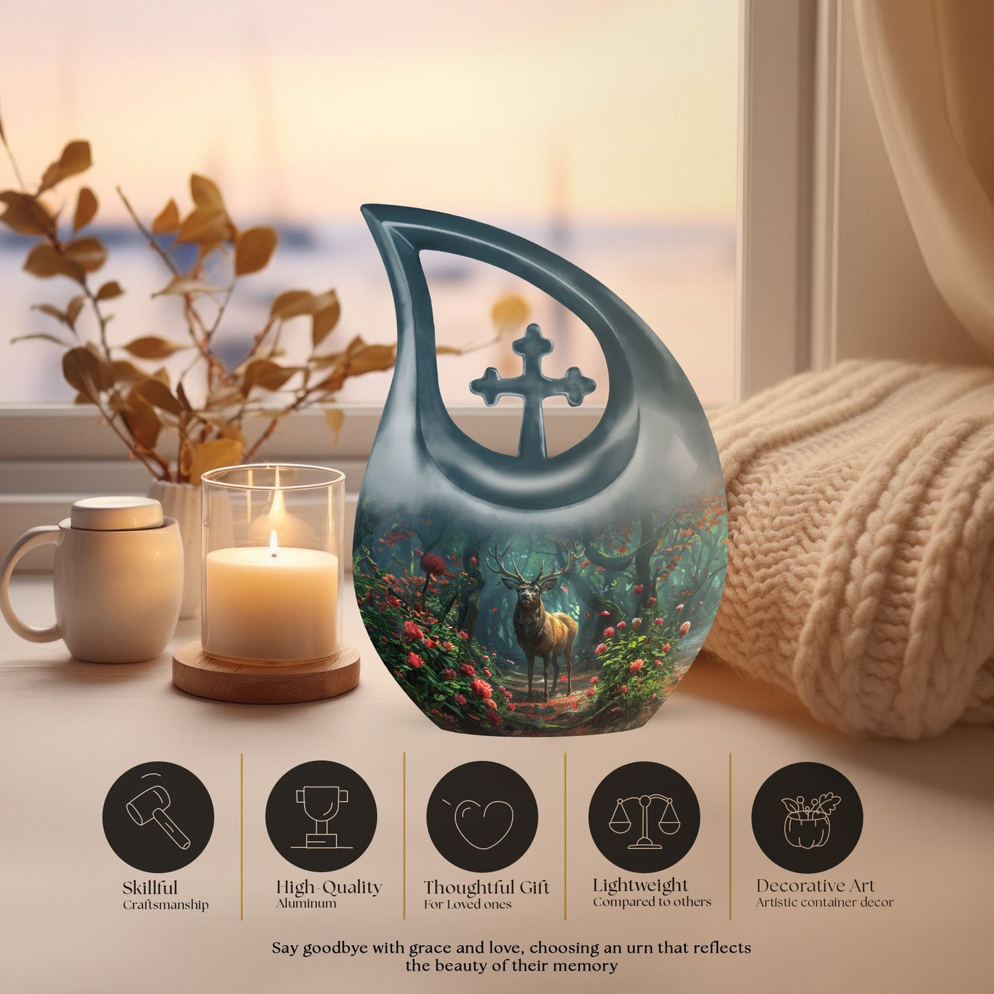 10-inch Deer-themed Funeral Urn with Cross Drop design,