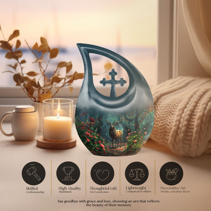 10-inch Deer-themed Funeral Urn with Cross Drop design,