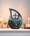 10-inch Deer-themed Funeral Urn with Cross Drop design,