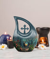 10-inch Deer-themed Funeral Urn with Cross Drop design,