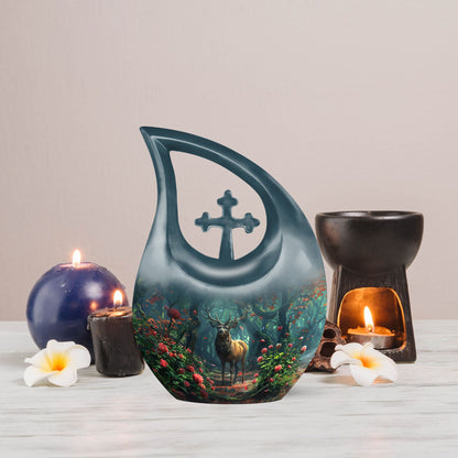 10-inch Deer-themed Funeral Urn with Cross Drop design,