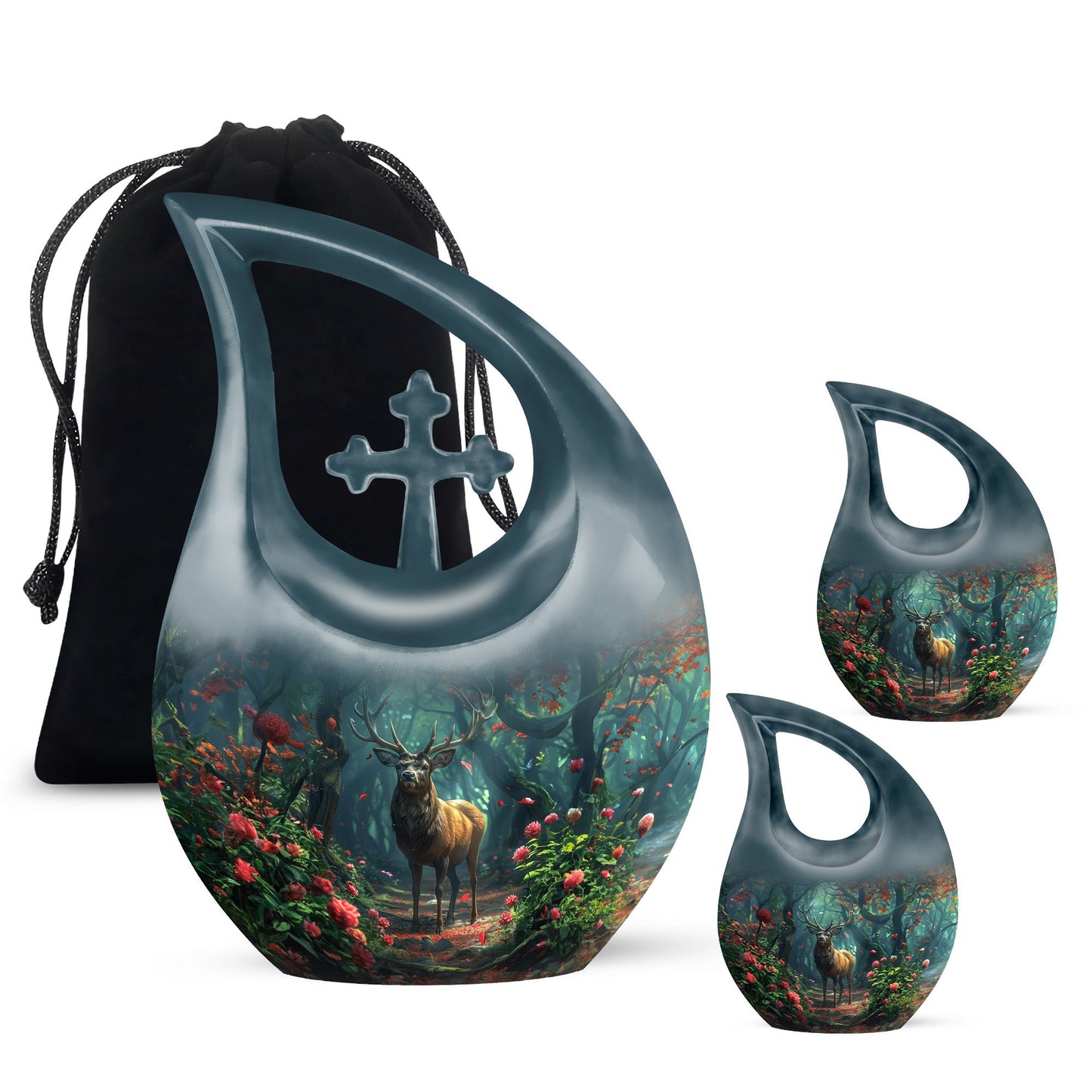 10-inch Deer-themed Funeral Urn with Cross Drop design,