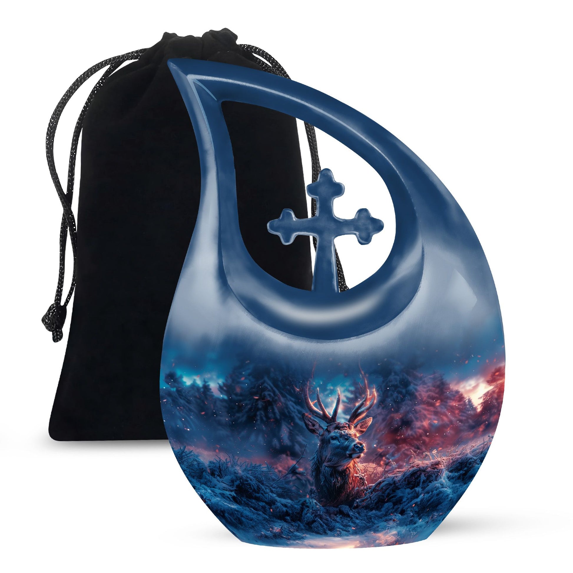 10 inch Deer-themed memorial urn with Cross Drop design