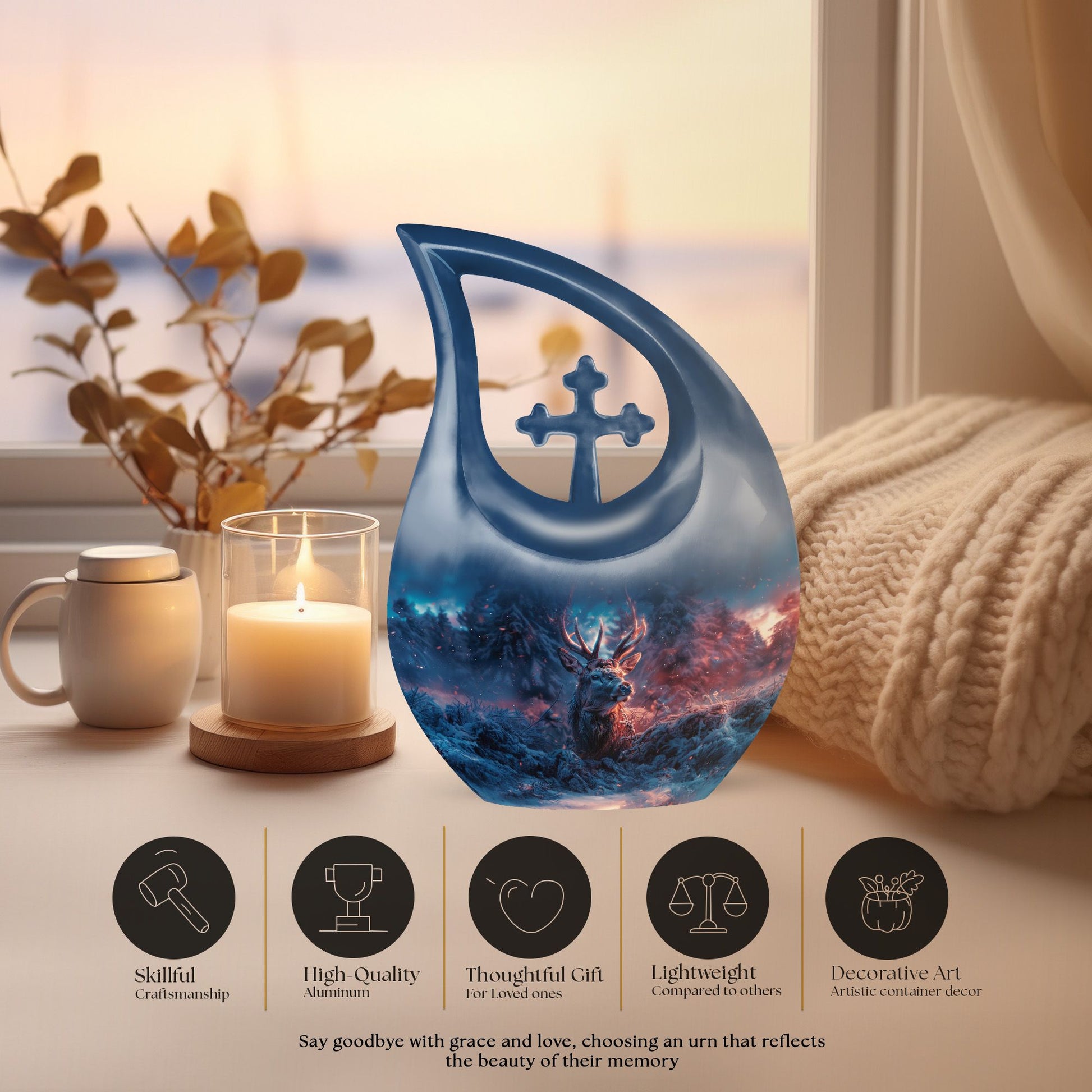 10 inch Deer-themed memorial urn with Cross Drop design