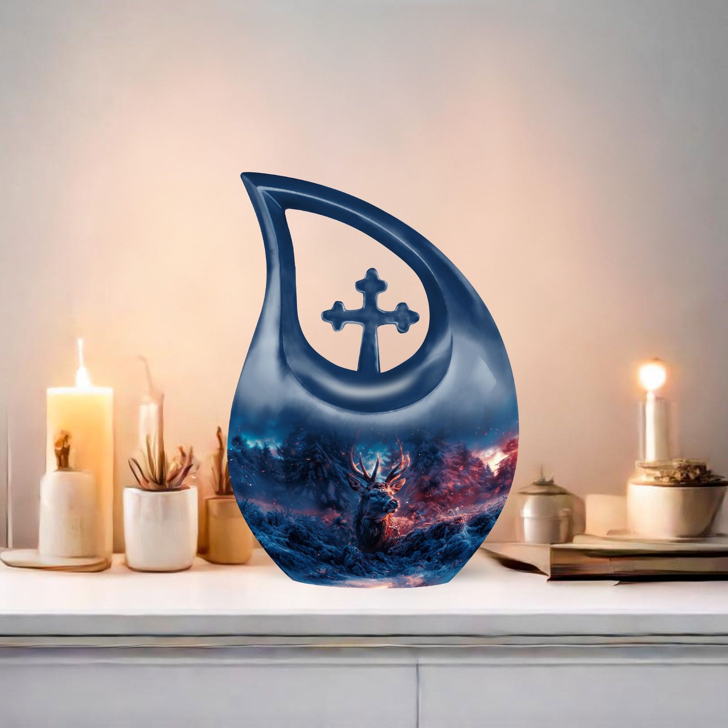 10 inch Deer-themed memorial urn with Cross Drop design
