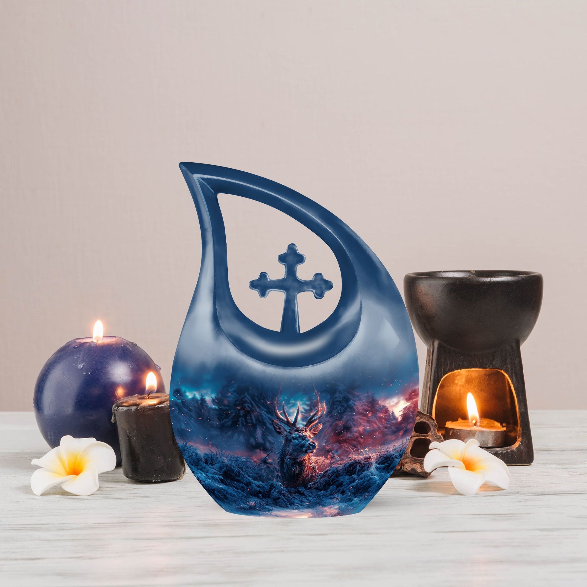 10 inch Deer-themed memorial urn with Cross Drop design
