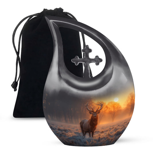 Deer-themed 10-inch Double Urn with Cross Drop design 