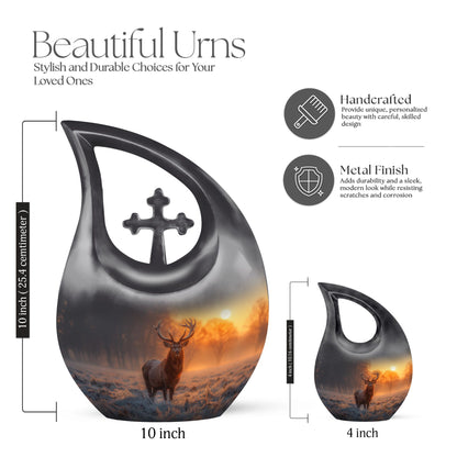 Deer-themed 10-inch Double Urn with Cross Drop design 