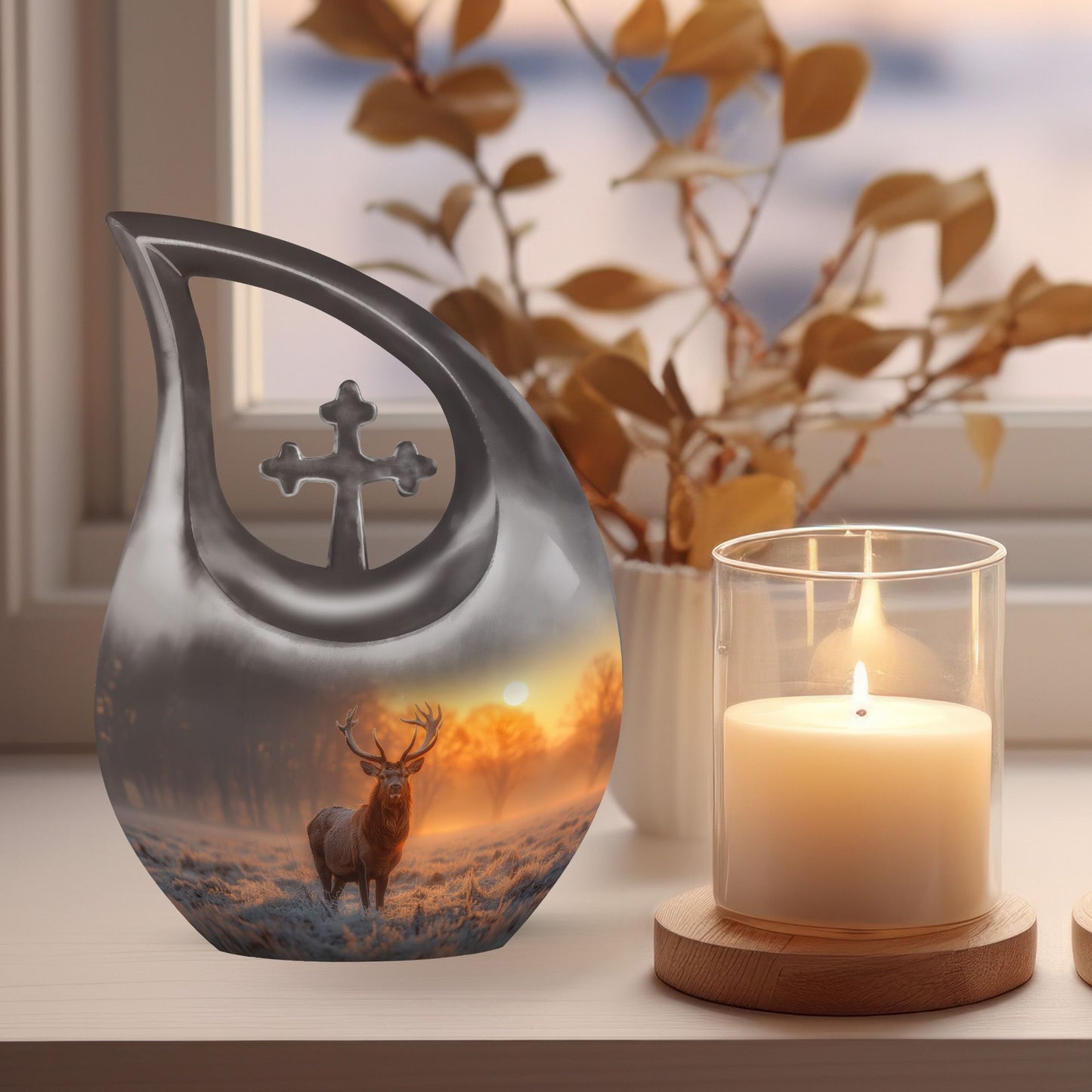 Deer-themed 10-inch Double Urn with Cross Drop design 