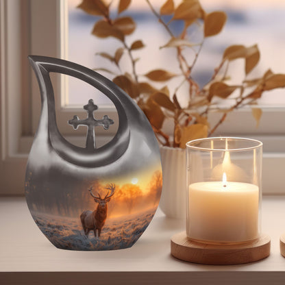 Deer-themed 10-inch Double Urn with Cross Drop design 