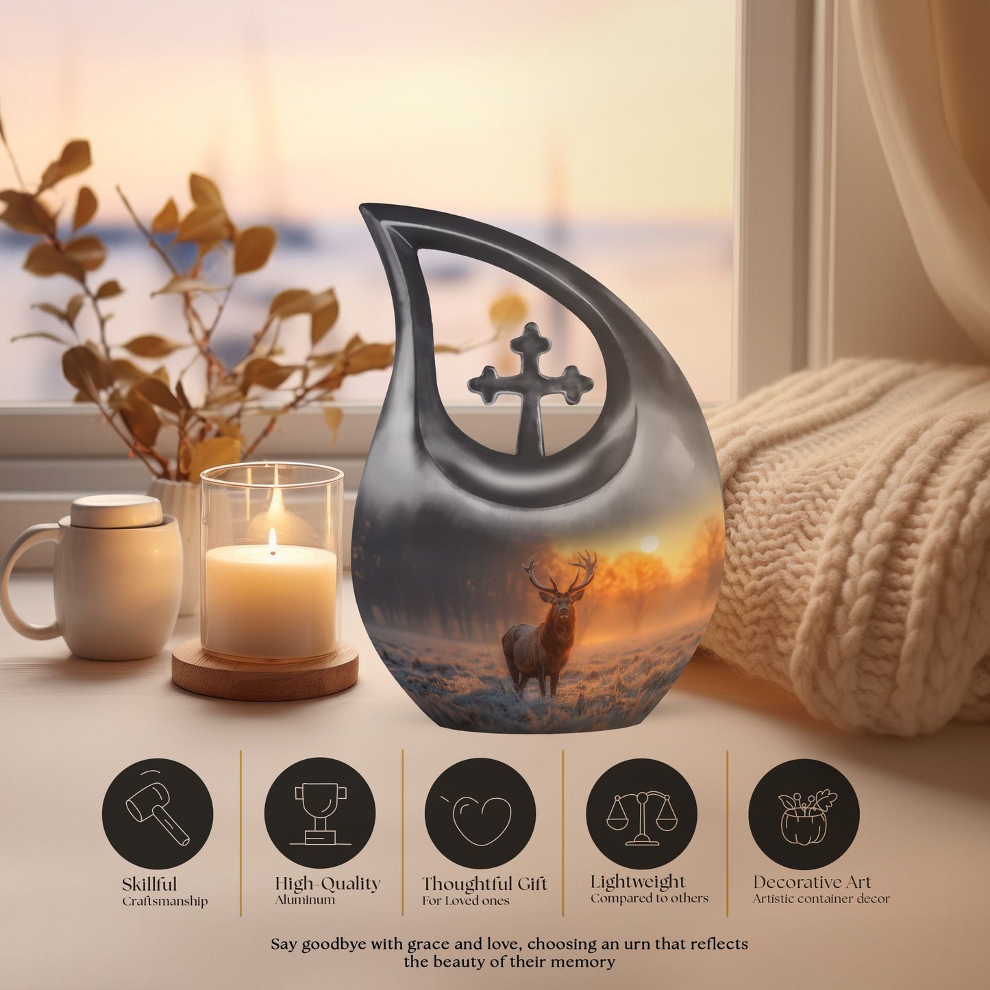 Deer-themed 10-inch Double Urn with Cross Drop design 