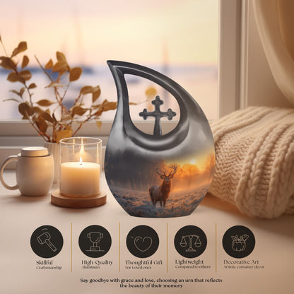 Deer-themed 10-inch Double Urn with Cross Drop design 