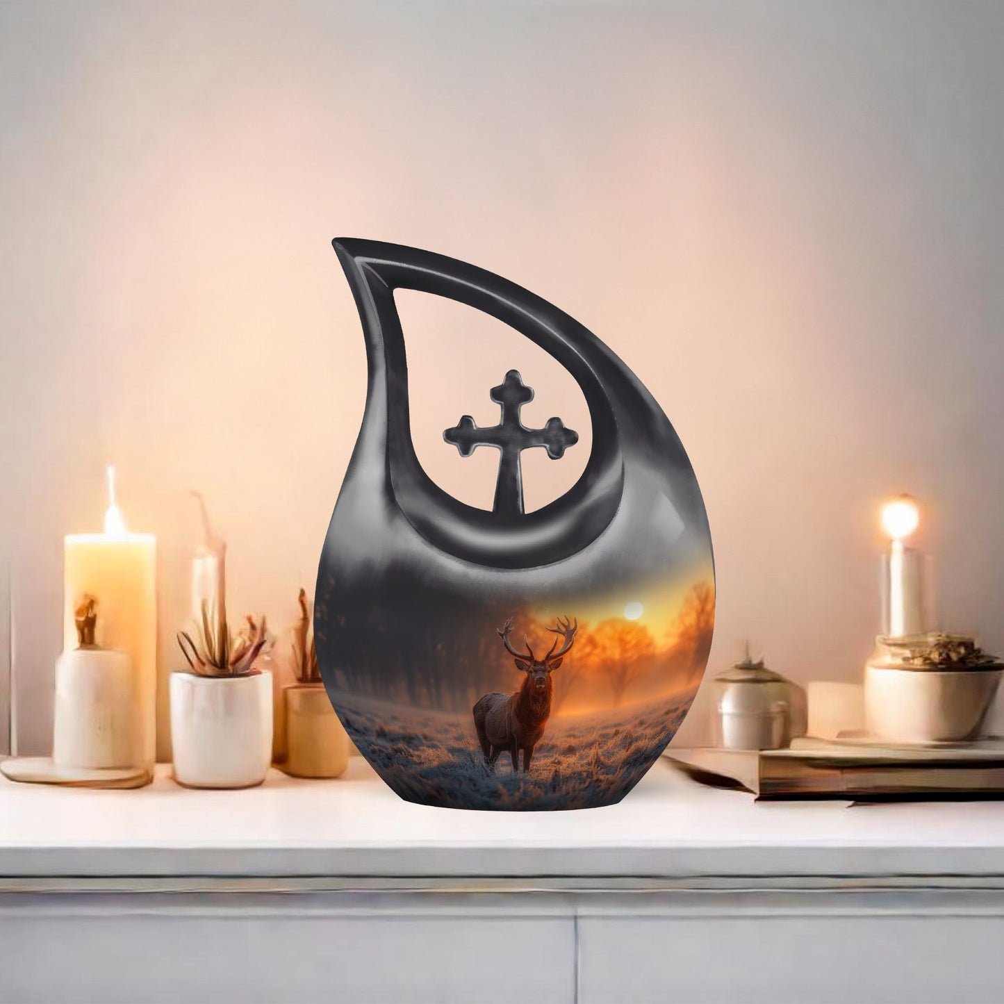 Deer-themed 10-inch Double Urn with Cross Drop design 