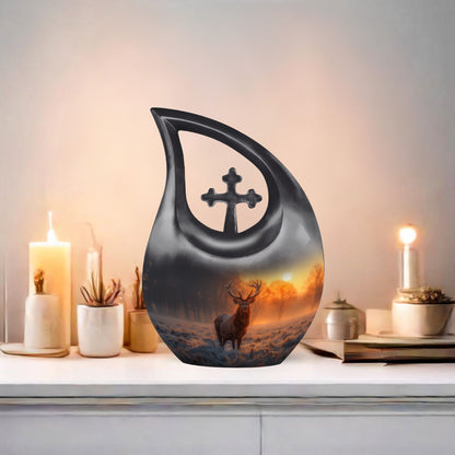 Deer-themed 10-inch Double Urn with Cross Drop design 