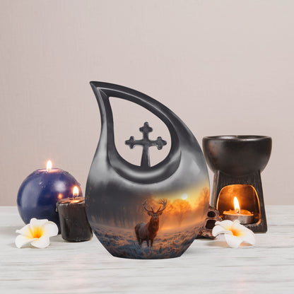Deer-themed 10-inch Double Urn with Cross Drop design 