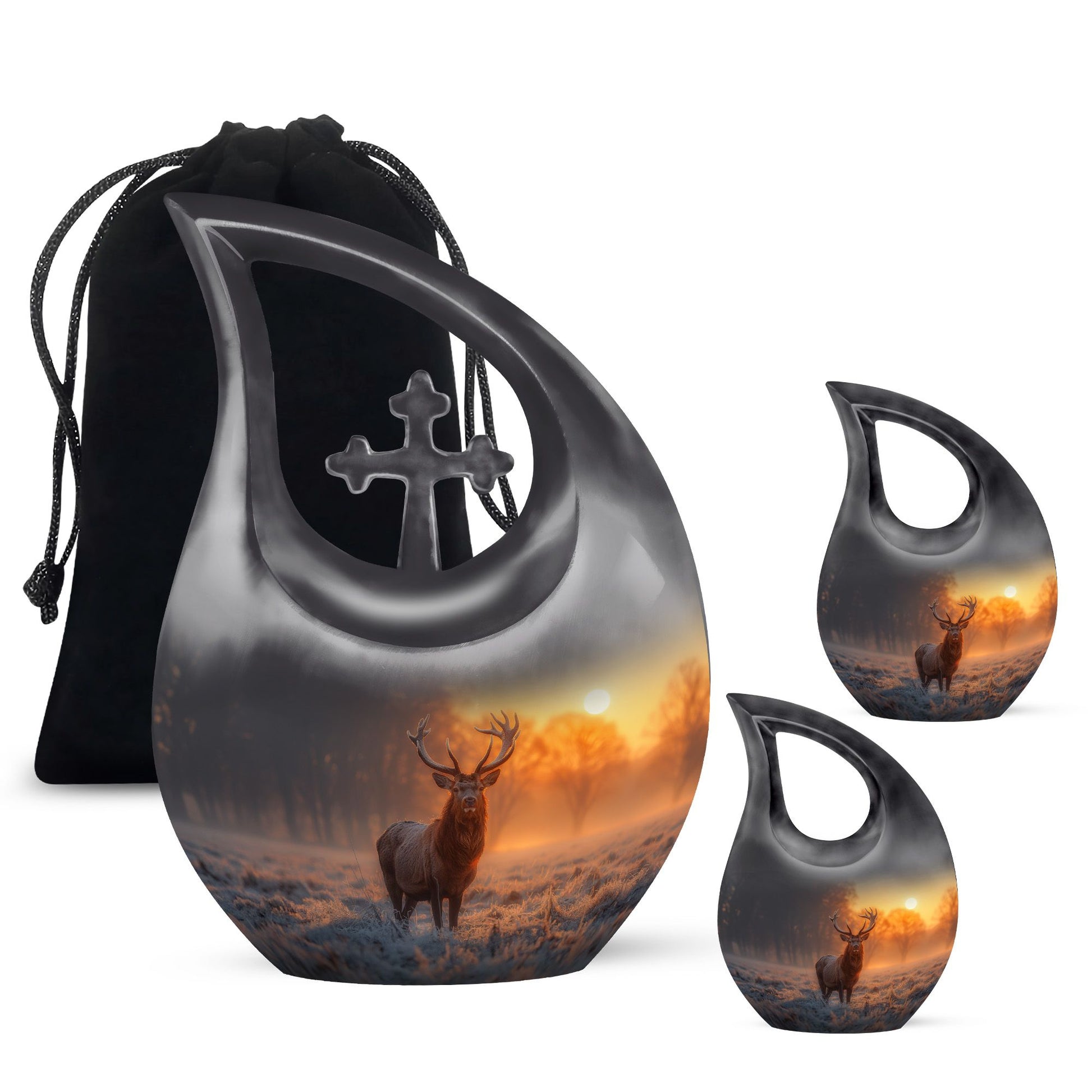 Deer-themed 10-inch Double Urn with Cross Drop design 