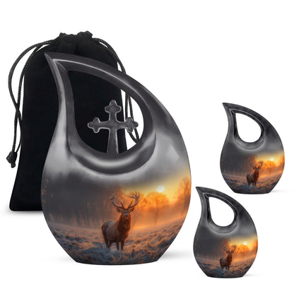 Deer-themed 10-inch Double Urn with Cross Drop design 