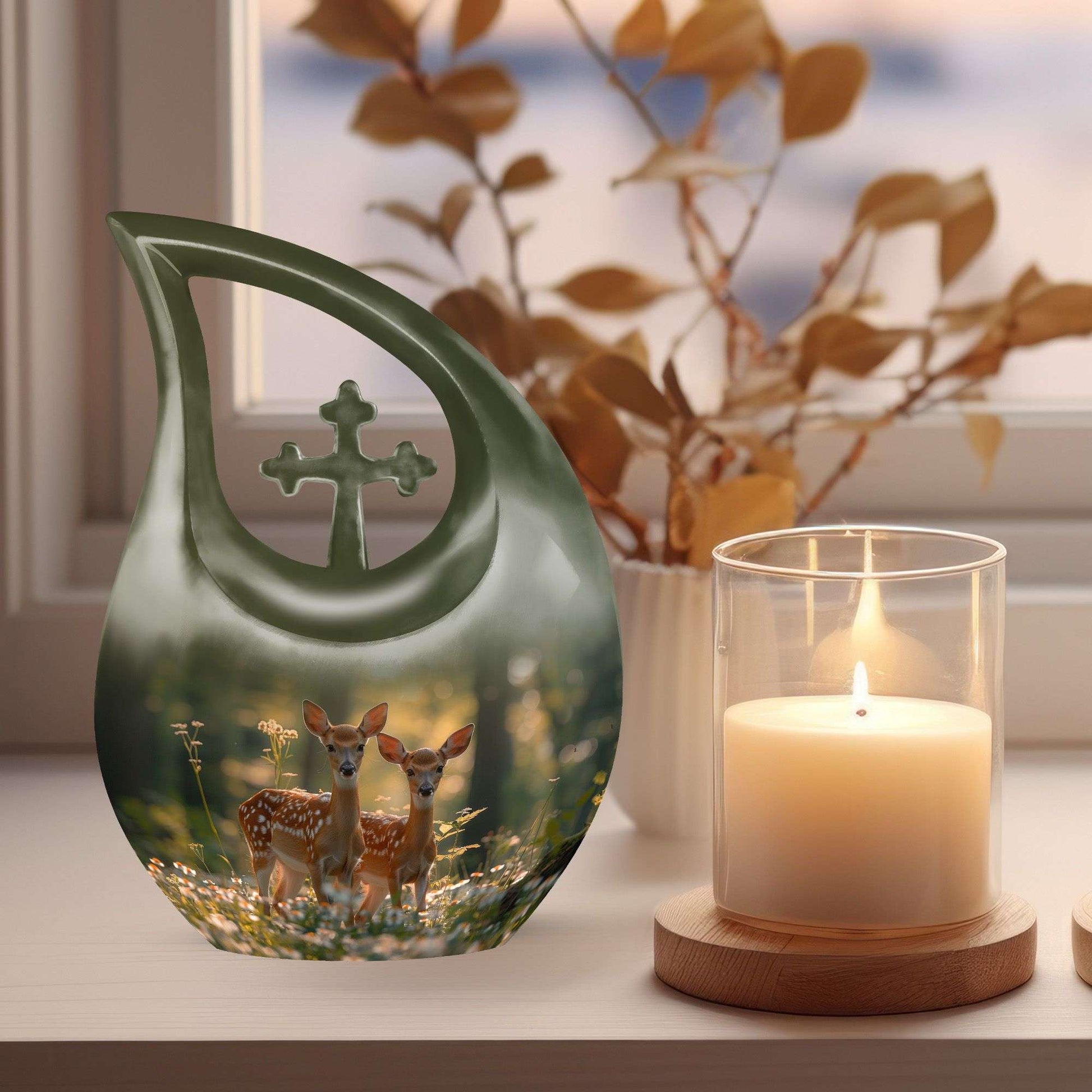 10 inch Deer Family Urn Cross Drop design