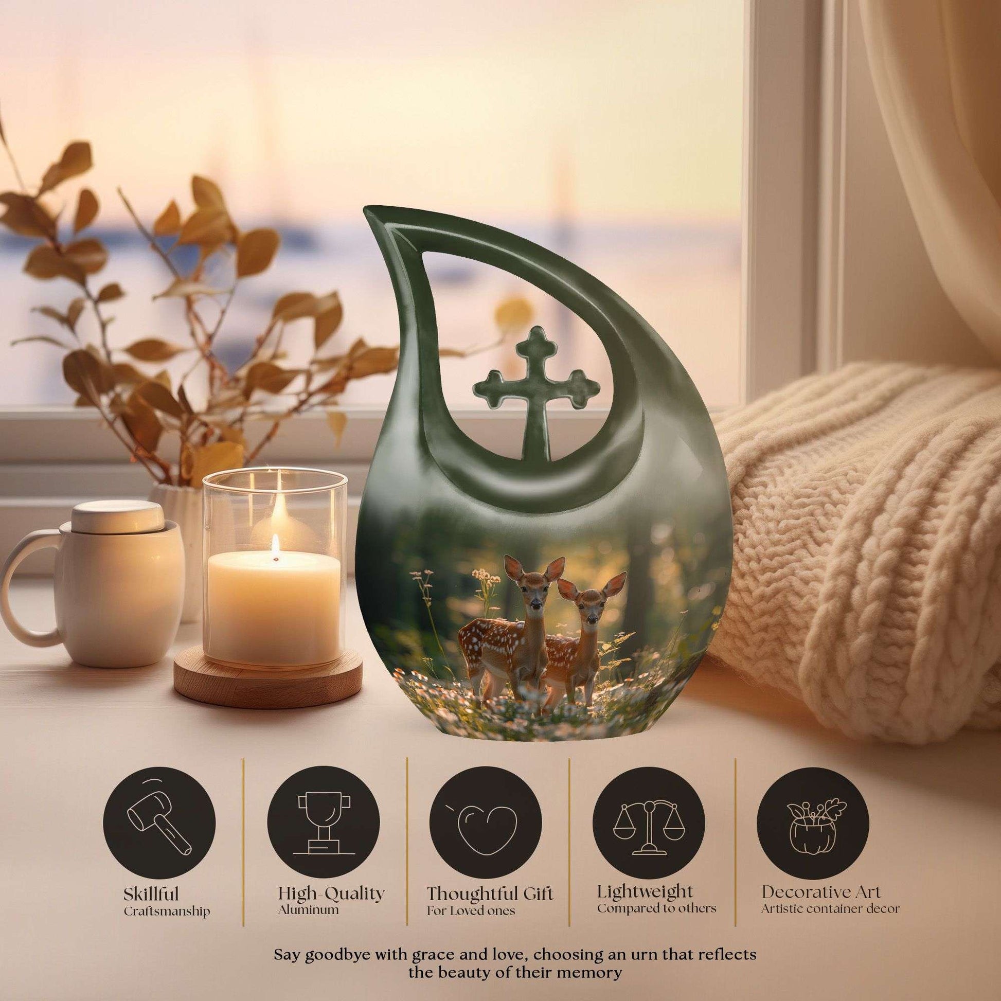 10 inch Deer Family Urn Cross Drop design
