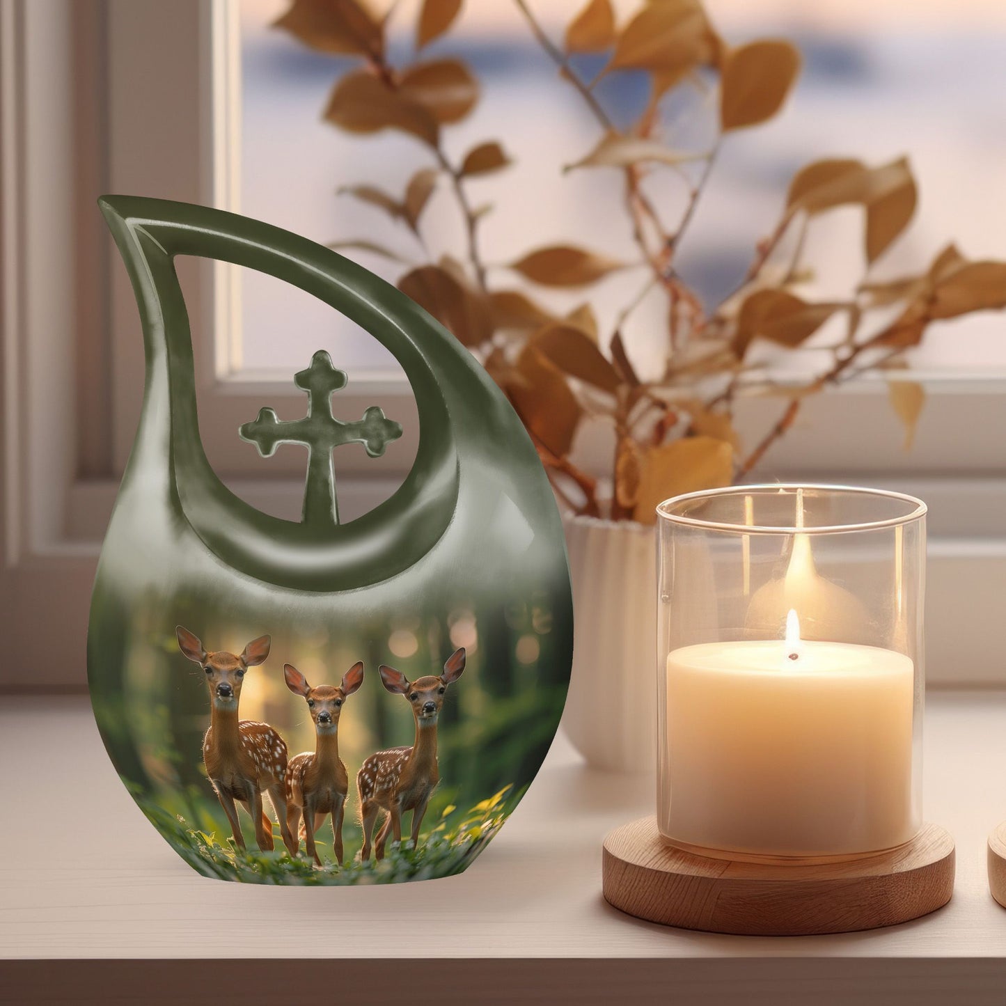 10-Inch Deer Family Urn, Cross Drop Design,