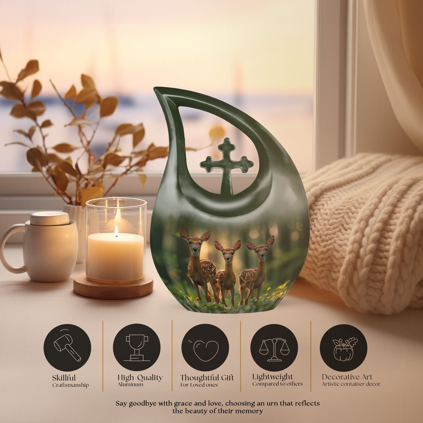 10-Inch Deer Family Urn, Cross Drop Design,