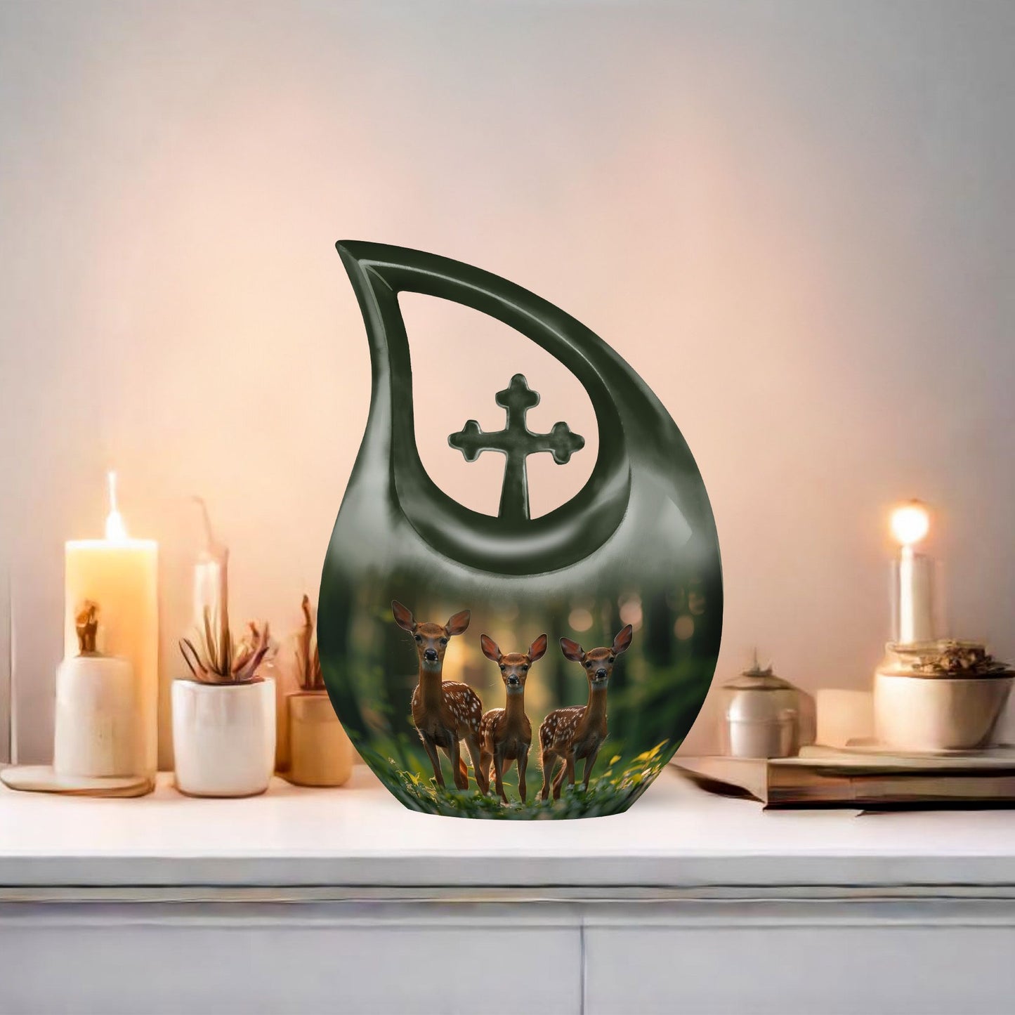 10-Inch Deer Family Urn, Cross Drop Design,