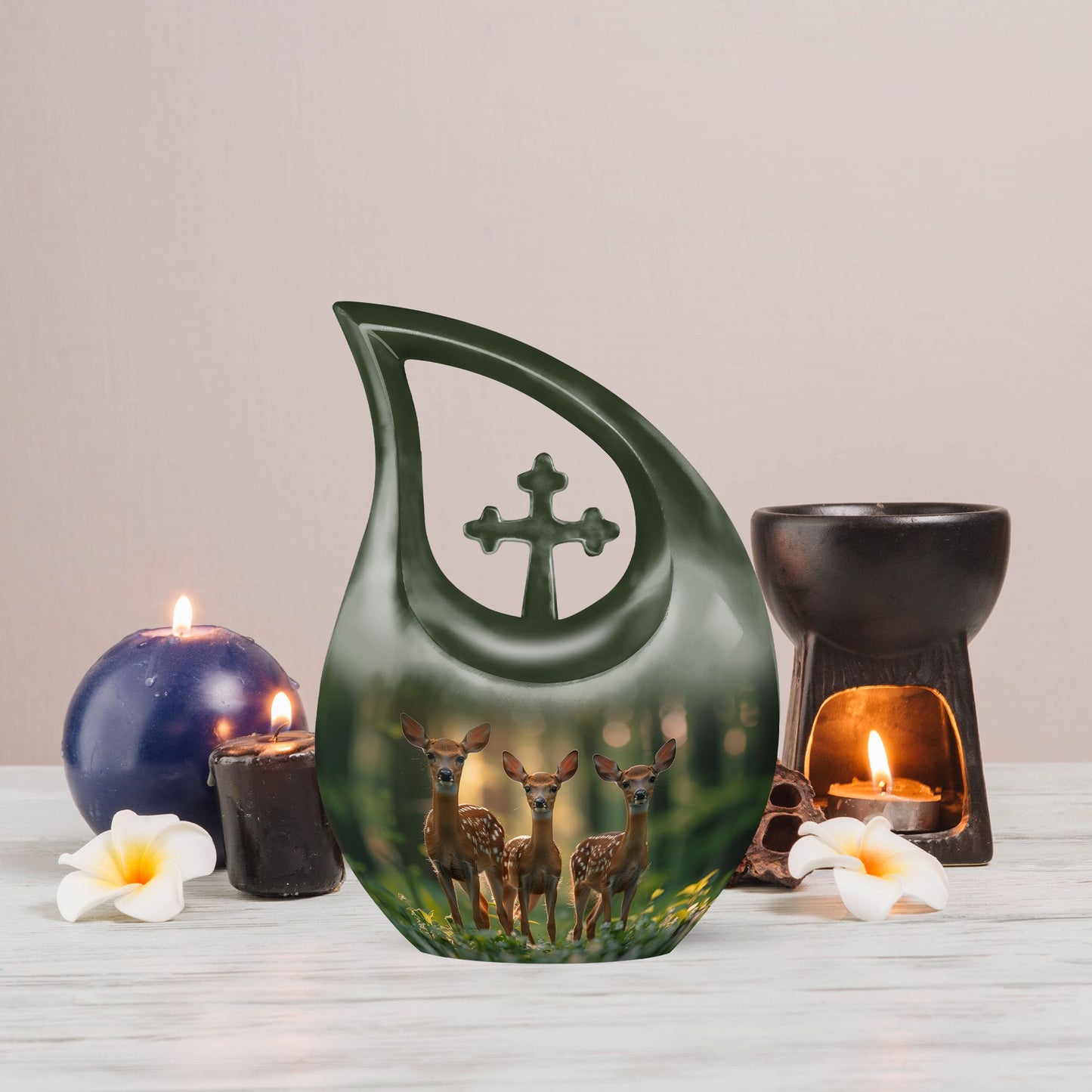 10-Inch Deer Family Urn, Cross Drop Design,