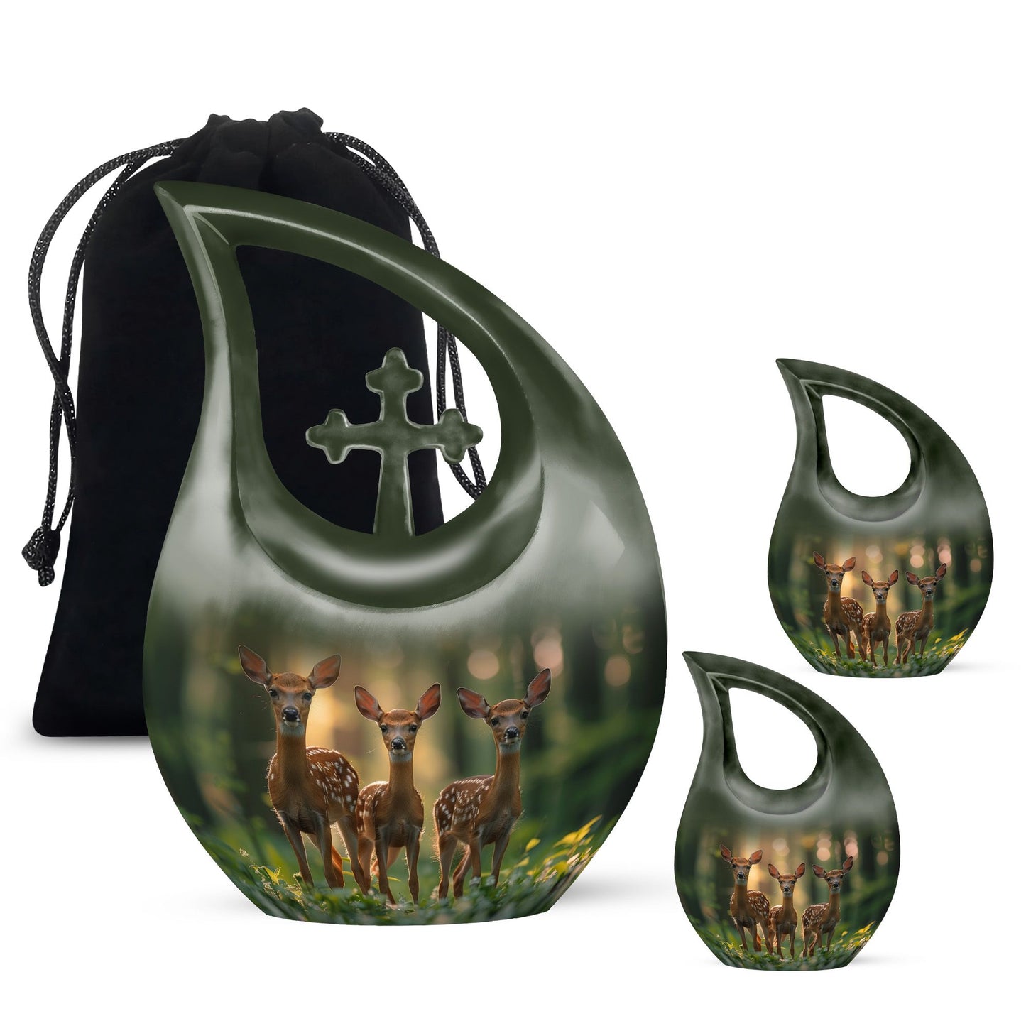 Deer Family Theme Large Urn With 2 Keepsake Urn