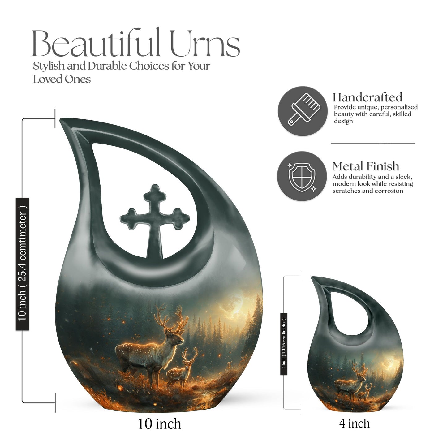 10 inch Deer Family Urn with Cross Drop design