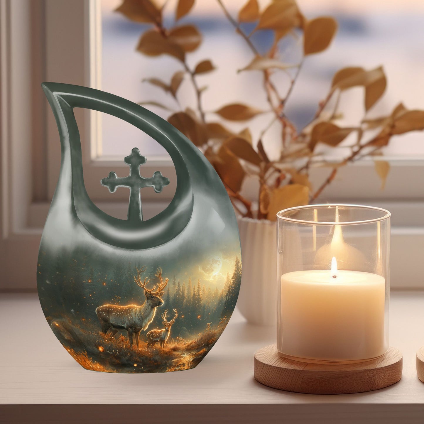 10 inch Deer Family Urn with Cross Drop design